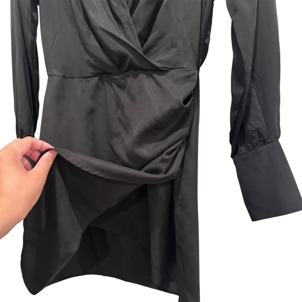 Aqua Collared Faux Wrap Mini Dress Long Sleeves Deep V-neck Ruched Black Size S - Picture 8 of 11